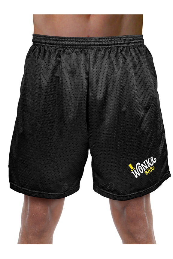Willy Wonka and The Chocolate Factory Wonka Bar Logo Mens Lined Mesh Shorts, Black, Medium