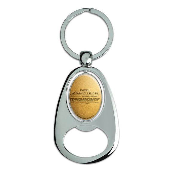 Willy Wonka and the Chocolate Factory Golden Ticket Keychain Chrome Metal Spinning Oval Bottle Opener