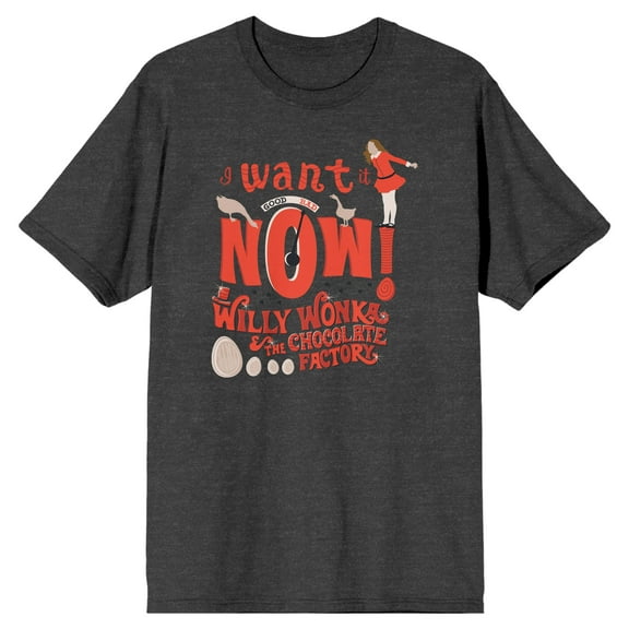 Willy Wonka & the Chocolate Factory I Want It Now Men's Charcoal Gray Graphic Tee-Medium