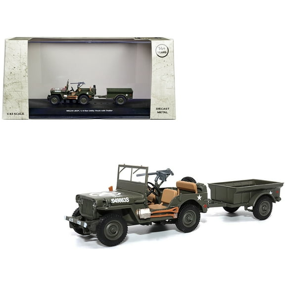 Willys Jeep 1/4-Ton Utility Truck Olive Drab with Trailer "United States Army" 1/43 Diecast Model by Militaria Die Cast