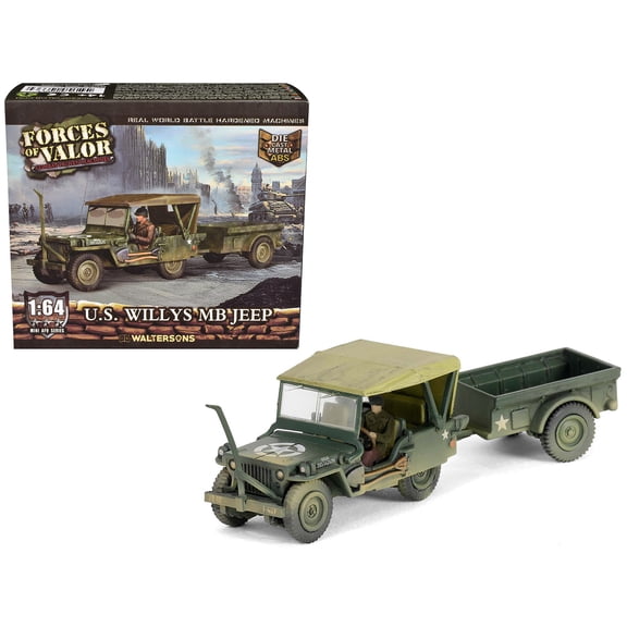 Willys MB Jeep with Trailer Olive Drab (Weathered) Driver Figure "United States Army" "Mini AFV" Series 1/64 Diecast Model by Forces of Valor