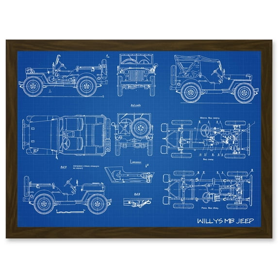 Willys MB US Army Military Jeep Vehicle Blueprint Plan Artwork Framed Wall Art Print A4