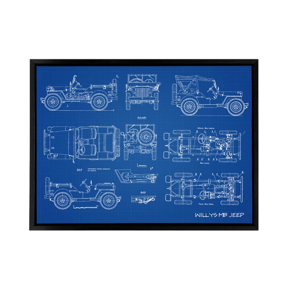 Willys MB US Military Jeep Blueprint Black Framed Canvas Wall Art Print 12X16"