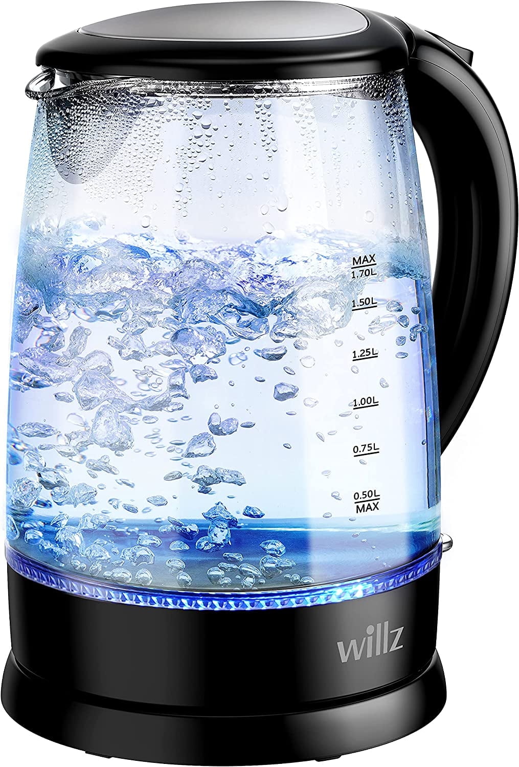 Willz Electric Glass 1.7L 1500W Kettle with Heat Resistant Handle and Quick Boil Technology in Black