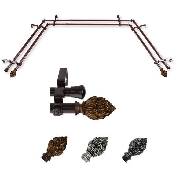 Wilma 13/16" Double Bay Window curtain rod Adjustable 20"-36", 38"-72" - Cocoa,(ABay-12-7D)