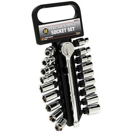 Performance Tool W38301 19 Piece 3/8" Drive SAE and Metric 6 Point Socket Set with Ratchet