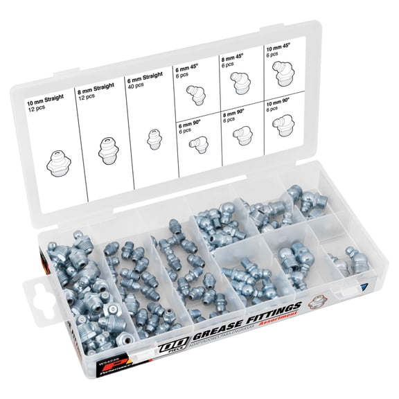 Performance Tool W54239 Metric Grease Fitting Assortment Kit - 88 Pieces, Straight/45/90 Degree, 6mm/8mm/10mm Sizes, Zinc Plated Steel Construction