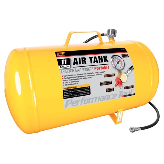 Performance Tool W10011 Hi-viz 11-Gallon Horizontal Portable Air Tank With Tire Air Chuck, Yellow