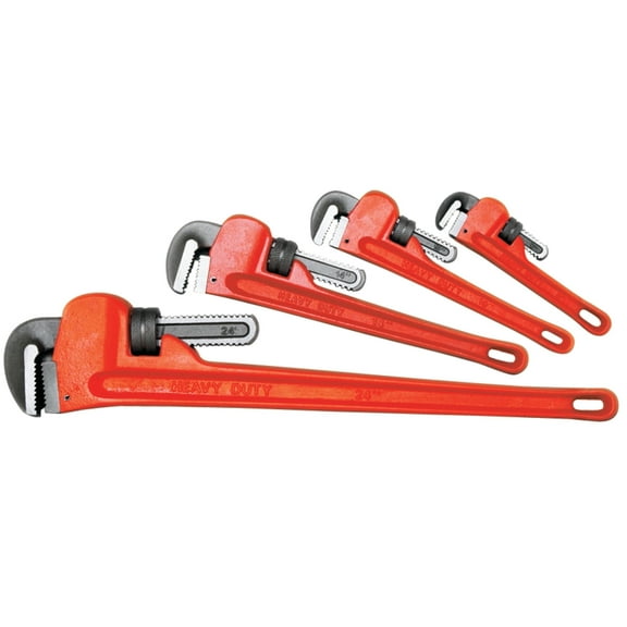 Performance Tool W1136 Pipe Wrench Set - 8, 10, 14, and 24 Inches, Drop-Forged Steel, Plumbers Wrench, Adjustable, Milled Steel Jaws, Red