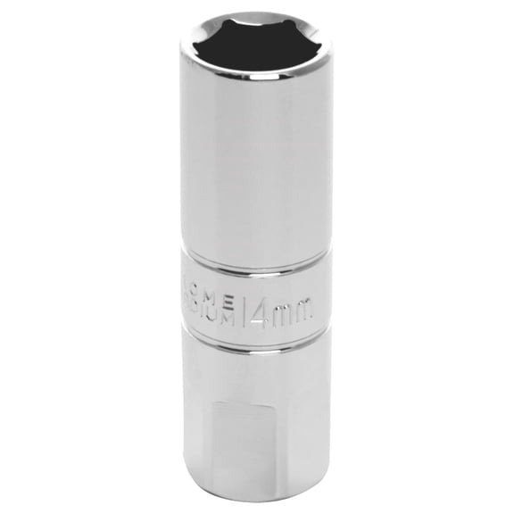 Wilmar W38166 Chrome Spark Plug Socket, 3/8" Drive, 14mm, 6 Point, Deep, With 17mm Hex Bolster
