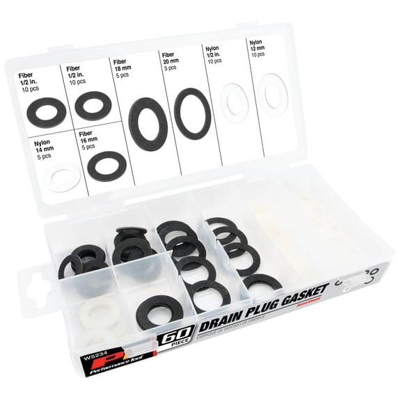 Performance Tool W5234 60pc General Purpose Oil Drain Plug Gasket Kit - Nylon and Fiber Gaskets Included (1/2in, 12mm, 14mm, 16mm, 18mm, 20mm)