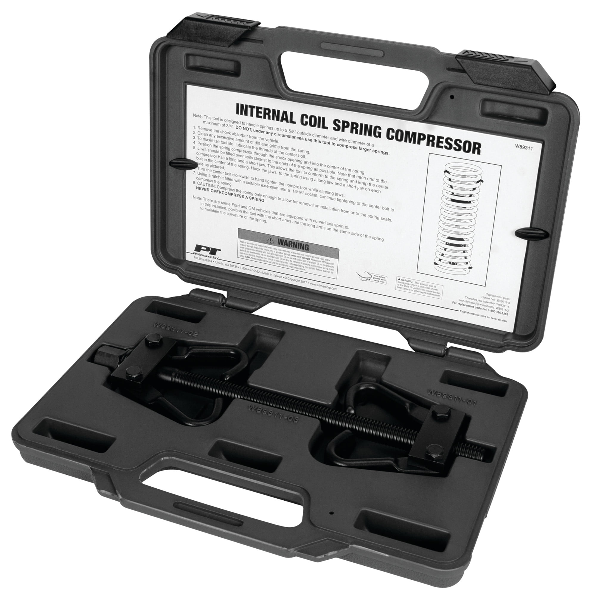 Performance Tool W89311 Coil Spring Compressor for Vehicle Maintenance and Repair with Tempered Chrome Steel Jaws in Blow Molded Storage Case, 12-in Rod