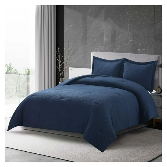 Wilmer 3-Piece Waffle Weave Comforter Set - Soft and Cozy All Season Bedding Set, King, Navy