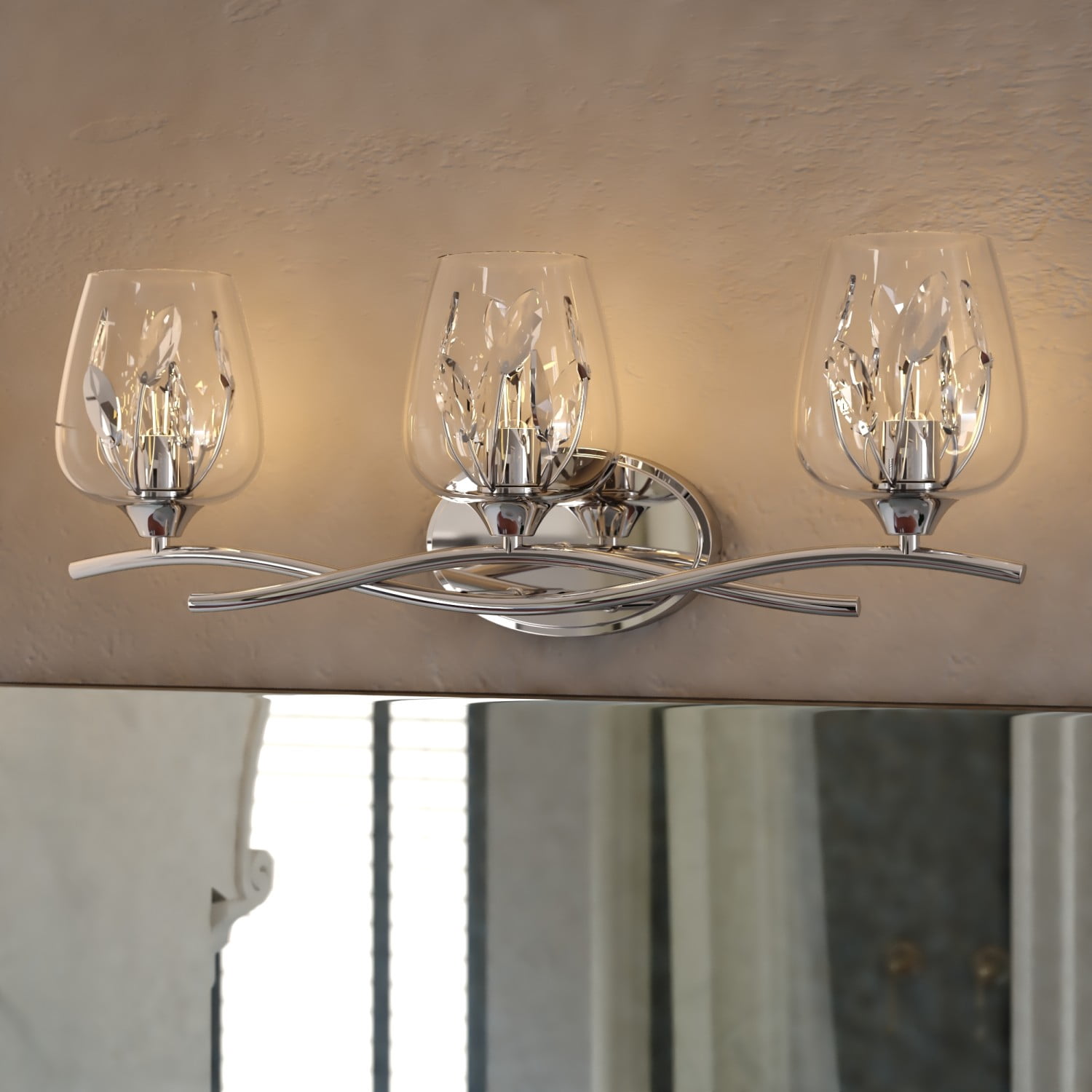 Wilmette 3-Light 24 in. Wide Chrome Modern Glam Bathroom Vanity Lighting Fixture, Clear Goblet Glass Shade with Crystal Accents, Dimmable, LED Compatible, Over the Mirror Mounted Metal Wall Sconce