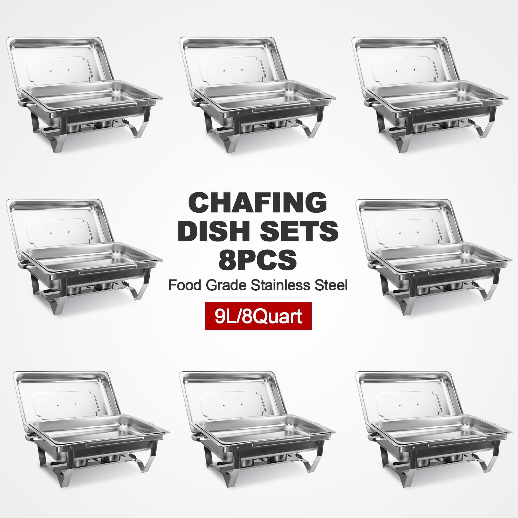 Wilprep 8 Pack 9L/9.5Q Chafing Dish Sets Chafer Stainless Steel Pans Food Warmer Foldable