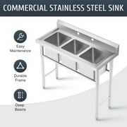 Wilprep Stainless Steel Sink w Backsplash Heavy Duty Water Basins & More 3 Compartments