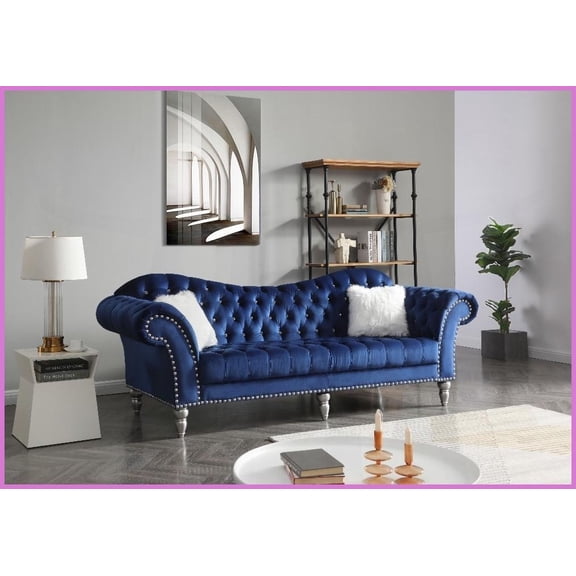 Wilshire Art Deco Soft Velvet Sofa with Faux Fur Pillow - Blue, Ideal for Living Rooms
