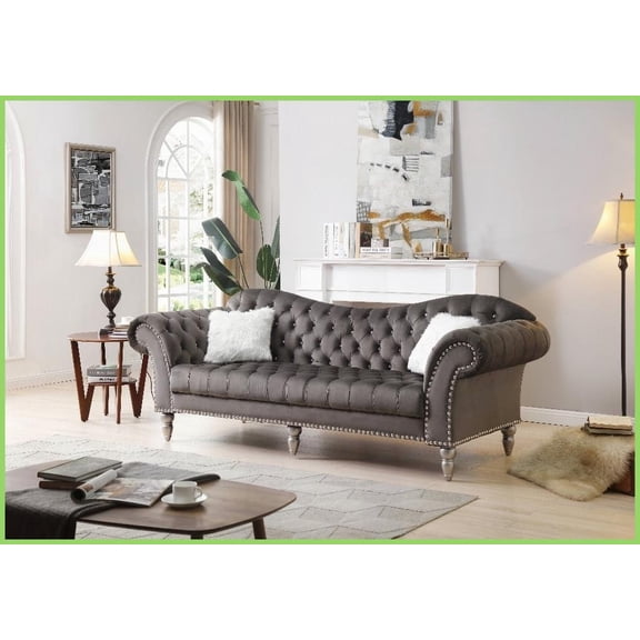 Wilshire Deco-Style Dark Gray Velvet Sofa - Hand-Nailed Accents & Kiln-Dried Hardwood Frame