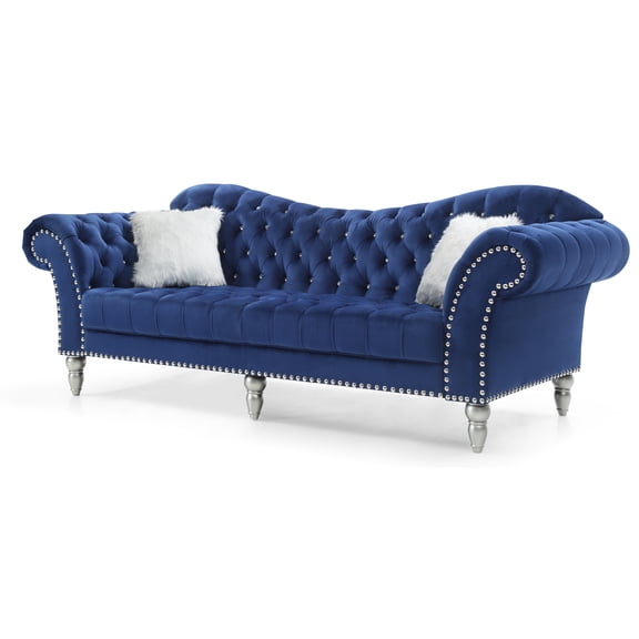 Wilshire G0953A-S 98" Deep Tufted Blue Velvet 3-Seater Sofa with Hand-Applied Nailheads, Faux Fur Pillow & Wood Legs - Elegant Living Room Furniture