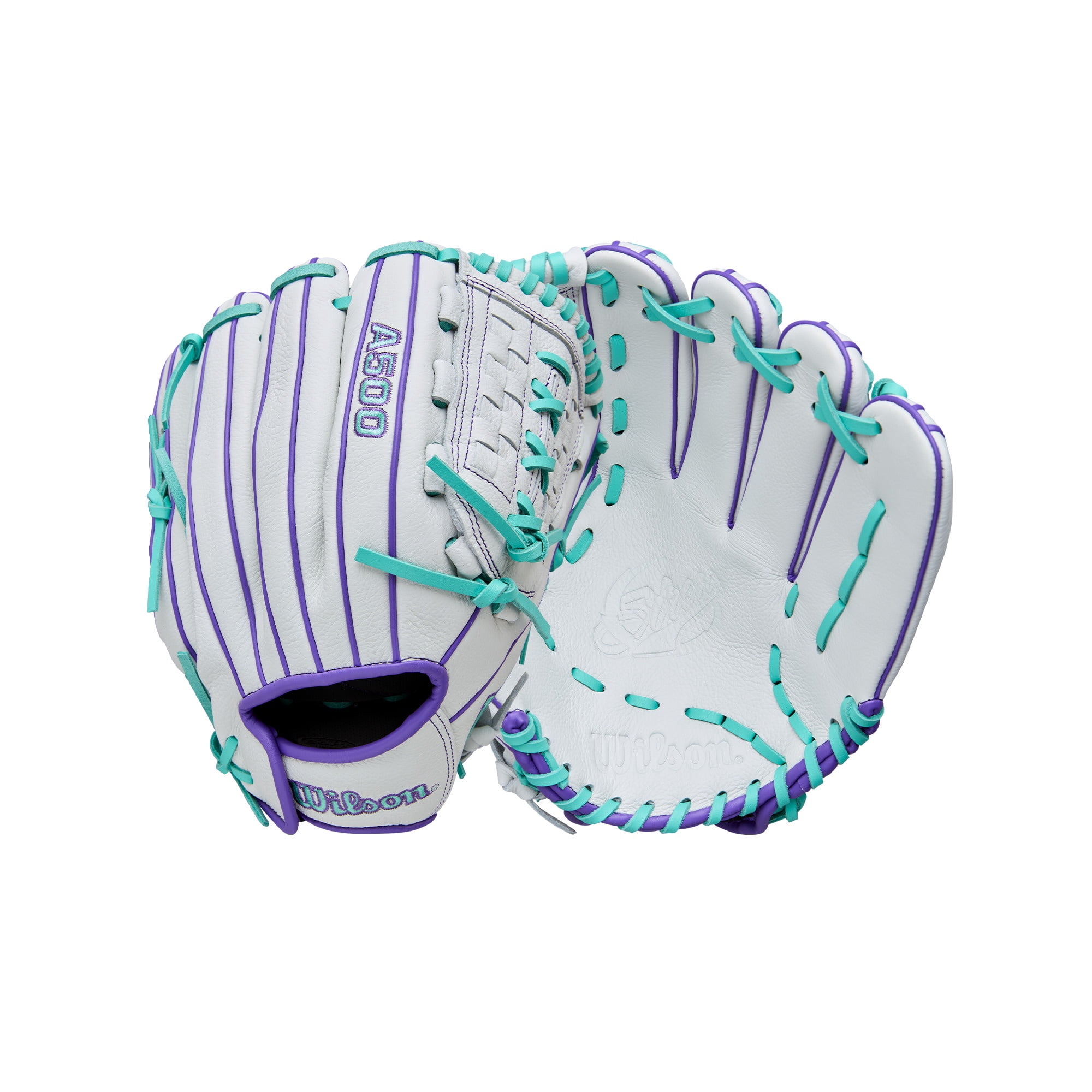 Wilson 2026 A500â„¢ Siren 11.75\" Youth Fastpitch Glove - White/Purple/Teal, Right Hand Throw