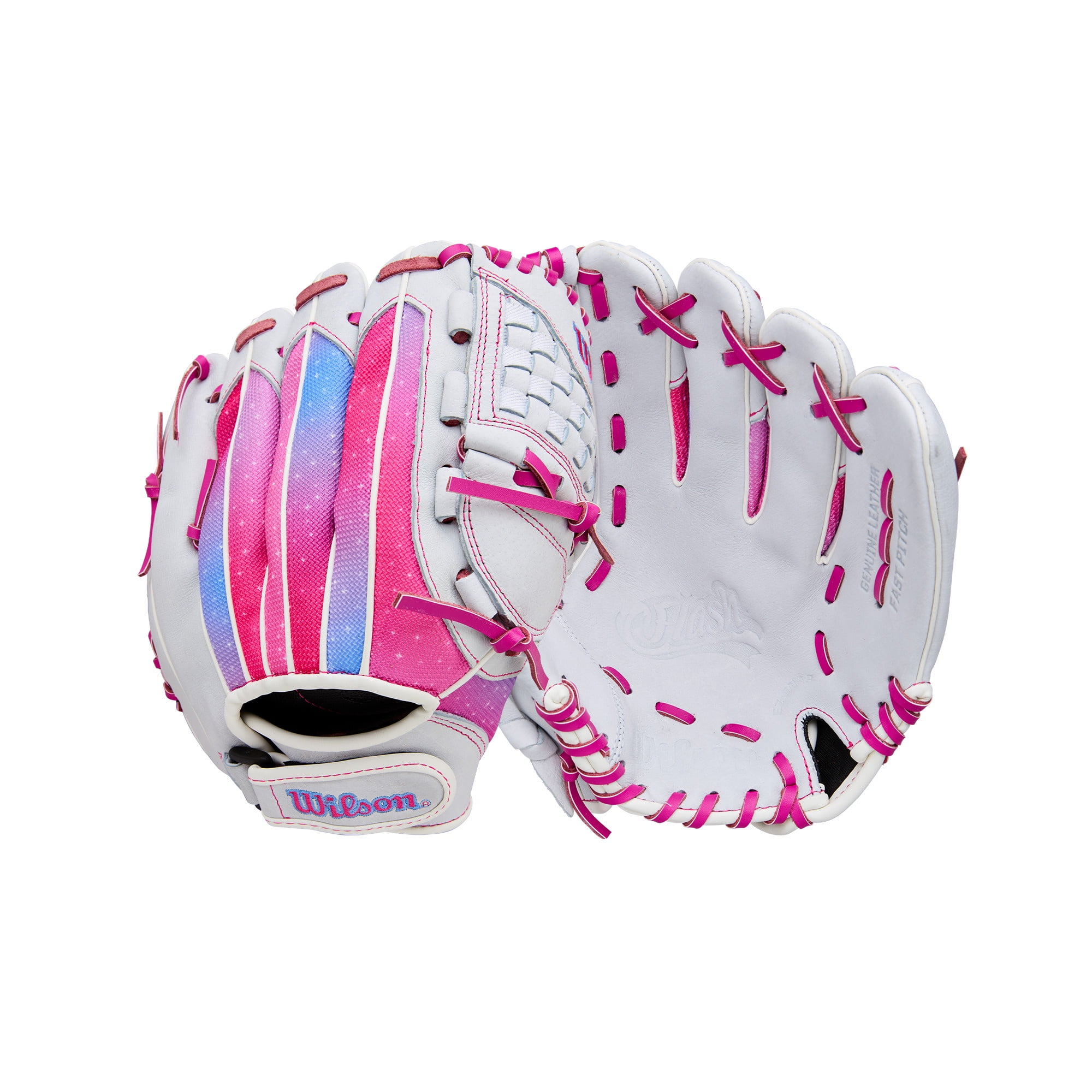 Wilson 2026 Flash™ 11.5" Youth Fastpitch Glove - White/Flamingo Pink/Blue, Right Hand Throw