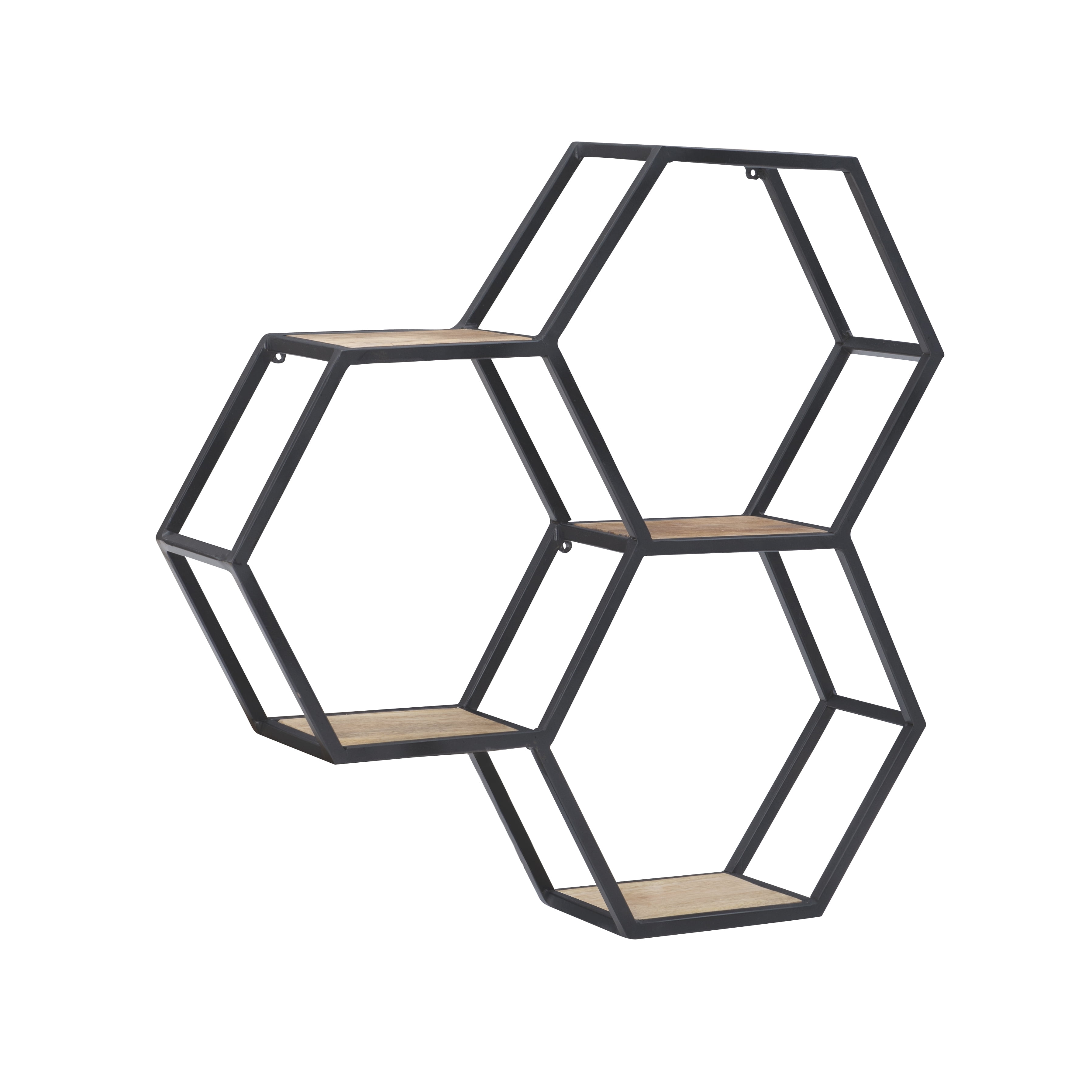 Powell Wilson 3-Compartment Honeycomb Wall Shelves, Black Metal with Natural Mango Wood