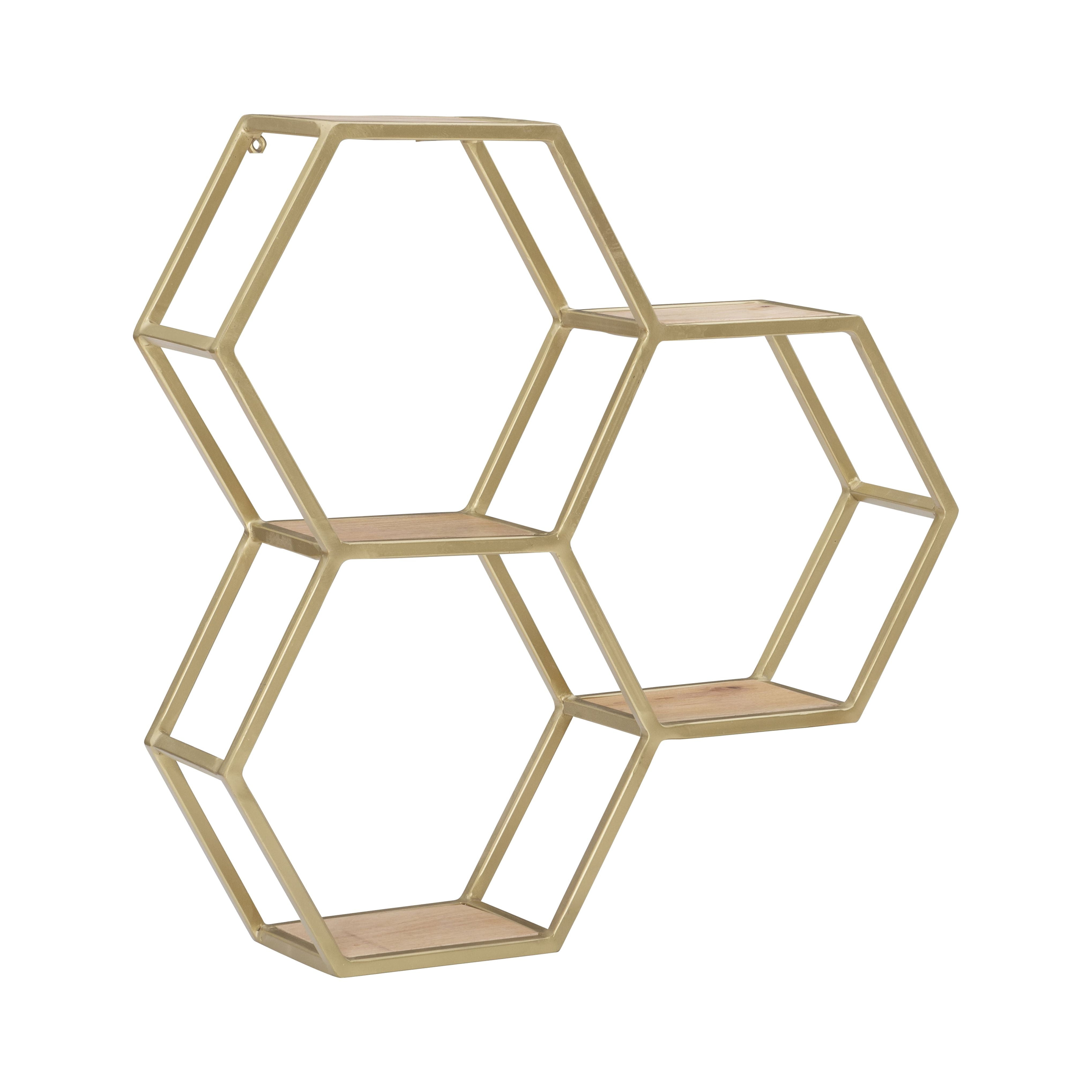 Powell Wilson 3-Compartment Honeycomb Wall Shelves, Gold Metal with Natural Mango Wood