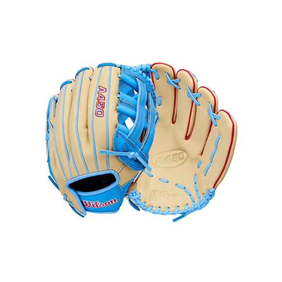 Wilson 2026 A450 12" Youth Baseball Glove - Blonde/Sky Blue/Red, Right Hand Throw