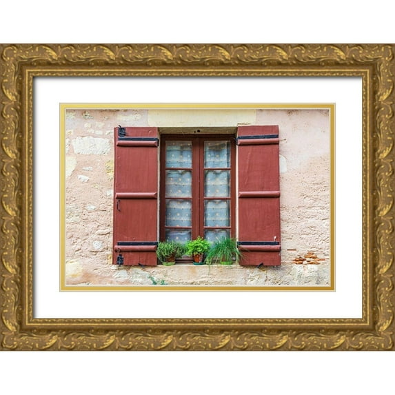 Wilson, Emily 14x11 Gold Ornate Wood Framed with Double Matting Museum Art Print Titled - France-Dordogne-Hautefort A brown shuttered window on a house in the town of Hautefort