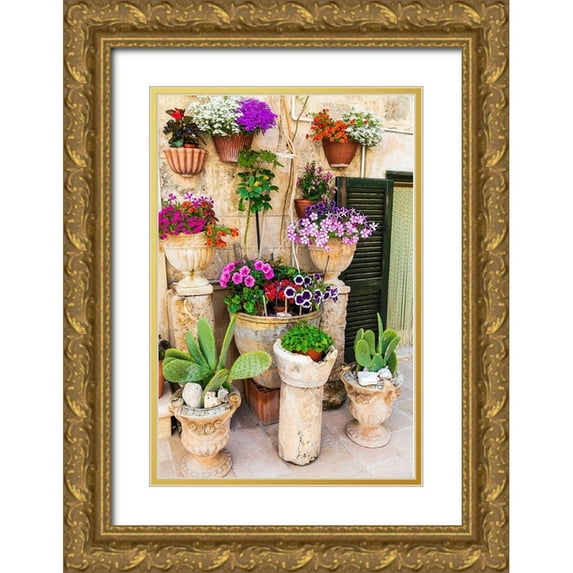 Wilson, Emily 17x24 Gold Ornate Wood Framed with Double Matting Museum Art Print Titled - Italy-Apulia-Metropolitan City of Bari-Monopoli Flowers in planters outside a stone building
