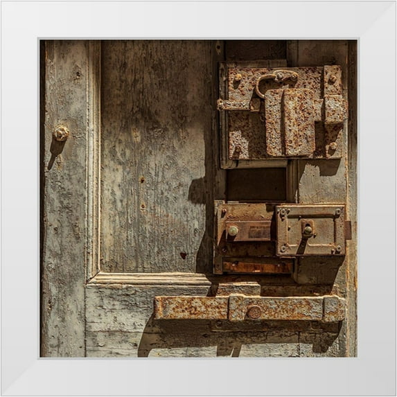 Wilson, Emily 20x20 White Modern Wood Framed Museum Art Print Titled - Italy-Apulia-Metropolitan City of Bari-Giovinazzo Old wooden door with massive rusted metal locks