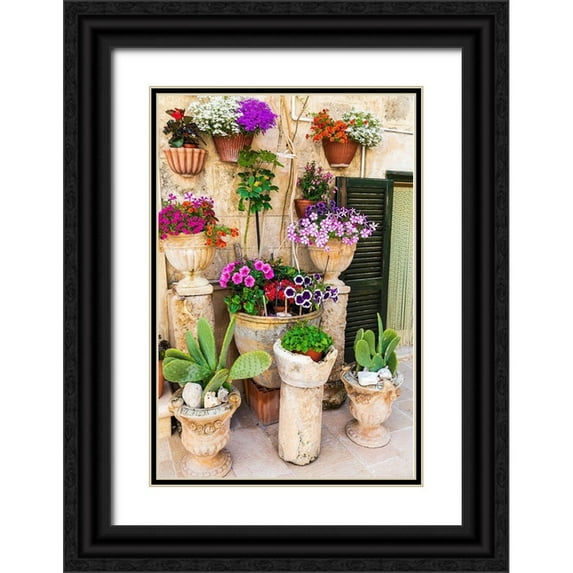 Wilson, Emily 23x32 Black Ornate Wood Framed with Double Matting Museum Art Print Titled - Italy-Apulia-Metropolitan City of Bari-Monopoli Flowers in planters outside a stone building