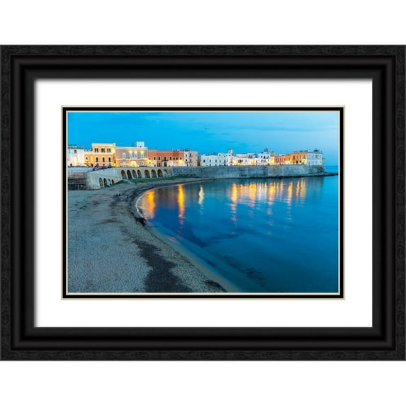 Wilson, Emily 24x17 Black Ornate Wood Framed with Double Matting Museum Art Print Titled - Italy-Apulia-Province of Lecce-Gallipoli Beach and old town section over the Ionian Sea at dusk