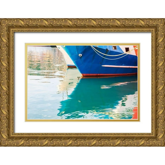 Wilson, Emily 32x23 Gold Ornate Wood Framed with Double Matting Museum Art Print Titled - Agrigento Province-Sciacca Reflection of a fishing boat in the harbor