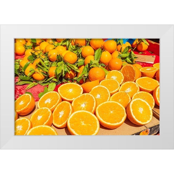 Wilson, Emily 32x23 White Modern Wood Framed Museum Art Print Titled - Italy-Apulia-Metropolitan City of Bari-Locorotondo Oranges for sale in an outdoor market