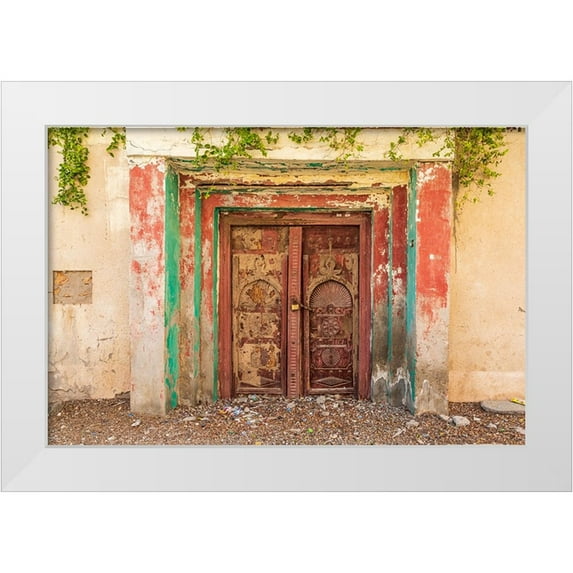 Wilson, Emily M. 14x11 White Modern Wood Framed Museum Art Print Titled - Middle East-Arabian Peninsula-Al Batinah South-Old carved wooden door on a building in Oman