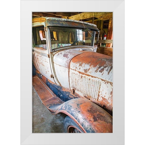 Wilson, Emily M. 17x24 White Modern Wood Framed Museum Art Print Titled - Latah-Washington State-USA-Rusted vintage Ford Model A pickup truck in a barn