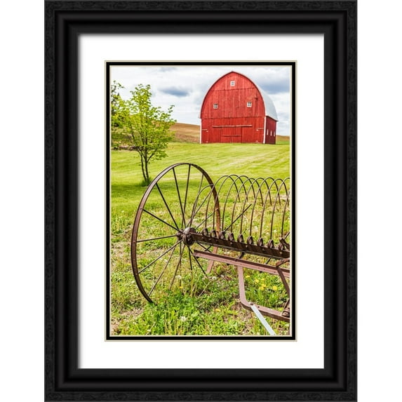 Wilson, Emily M. 23x32 Black Ornate Wood Framed with Double Matting Museum Art Print Titled - Albion-Washington State-USA-Red barns and antique farm equipment in the Palouse hills