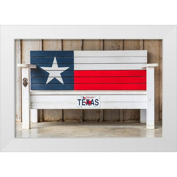 Wilson, Emily M. 32x23 White Modern Wood Framed Museum Art Print Titled - Luckenbach-Texas-USA-Bench painted like the Texas flag