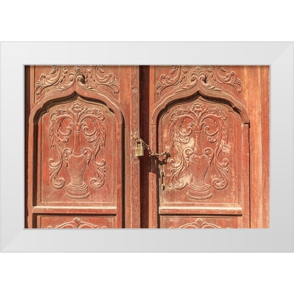 Wilson, Emily M. 32x23 White Modern Wood Framed Museum Art Print Titled - Middle East-Arabian Peninsula-Al Batinah South-Carved wooden door on a building in Oman