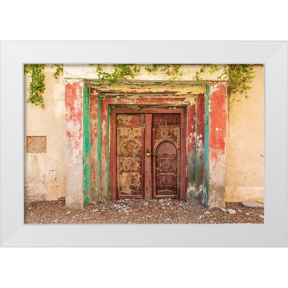Wilson, Emily M. 32x23 White Modern Wood Framed Museum Art Print Titled - Middle East-Arabian Peninsula-Al Batinah South-Old carved wooden door on a building in Oman