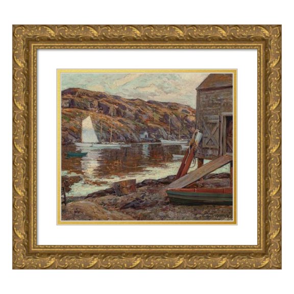 Wilson Henry Irvine 16x15 Gold Ornate Wood Frame and Double Matted Museum Art Print Titled - Boat Shed (1909)