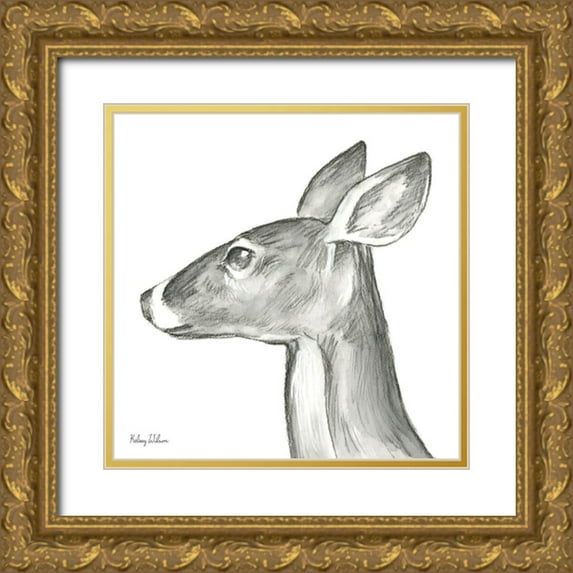 Wilson, Kelsey 15x15 Gold Ornate Wood Framed with Double Matting Museum Art Print Titled - Watercolor Pencil Forest VII-Doe