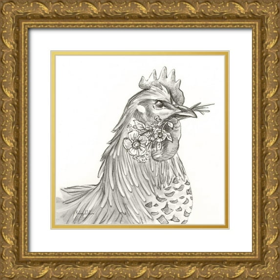 Wilson, Kelsey 20x20 Gold Ornate Wood Framed with Double Matting Museum Art Print Titled - Watercolor Pencil Farm VI-Rooster