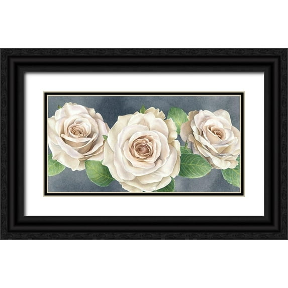 Wilson, Kelsey 24x14 Black Ornate Wood Framed with Double Matting Museum Art Print Titled - Ivory Roses on gray landscape I