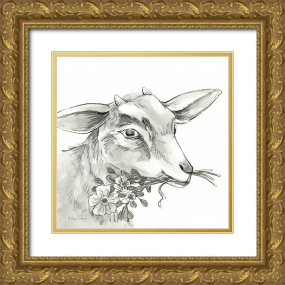Wilson, Kelsey 26x26 Gold Ornate Wood Framed with Double Matting Museum Art Print Titled - Watercolor Pencil Farm IV-Goat