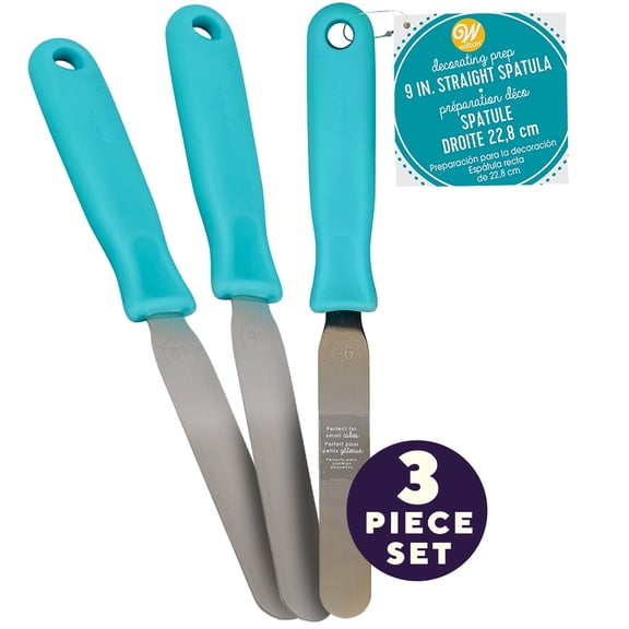Wilton 9-Inch Straight Icing Spatula Set of 3 Turquoise Handle Stainless Steel Cake Frosting & Baking Tool