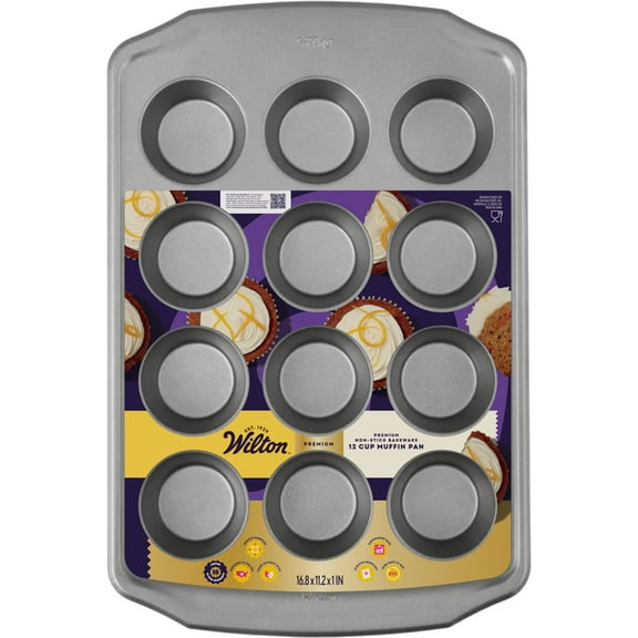 Wilton Premium Non-Stick Muffin Pan 12-Cup Cupcake Tin Regular Size 16" x 11" Baking Pan, Packaging May Vary