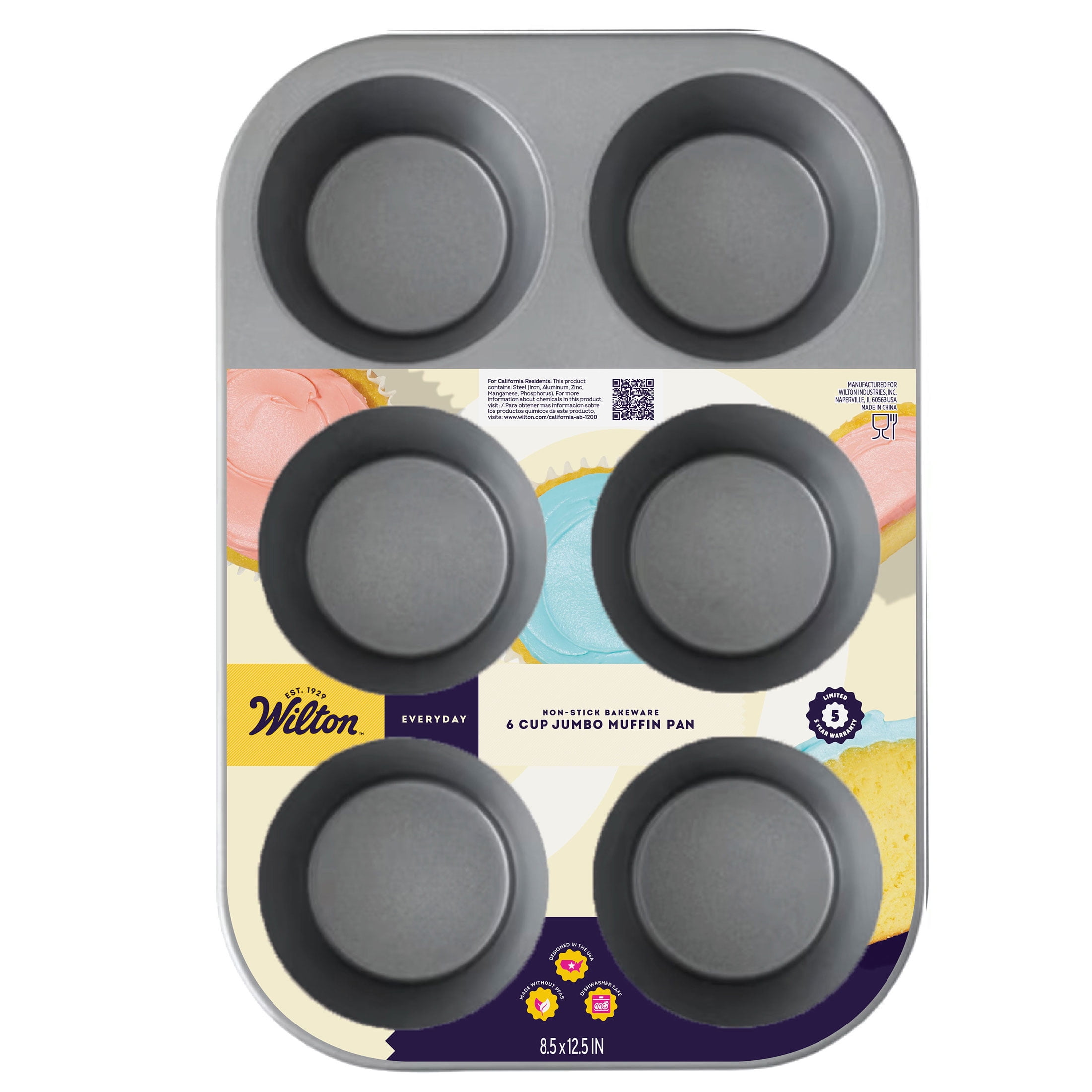 Wilton Everyday 6-Cup Non-Stick Muffin Pan Jumbo Cupcake Tin 12.5" x 8.5" x 0.52", Packaging May Vary