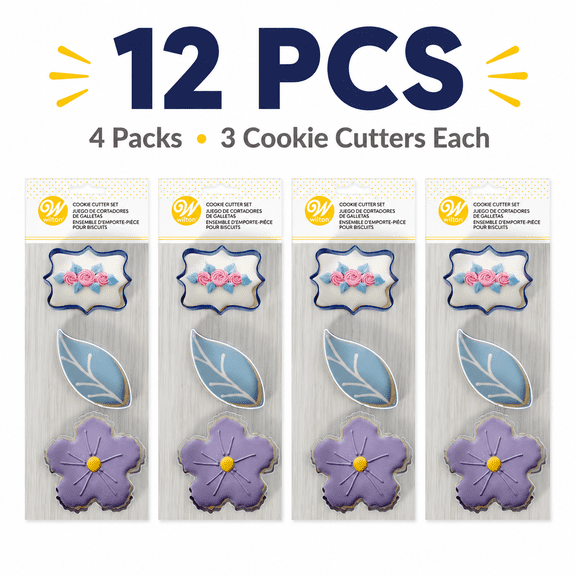 Wilton Cookie Cutter Set 12 PCS, 4 Packs of 3 Flower & Leaf Metal Cutters for Baking Decorating